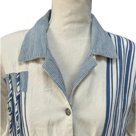 Vintage 80s “Your Way USA” Blue-Stripe Patchwork Jacket | Button Front - Picture 3 of 11